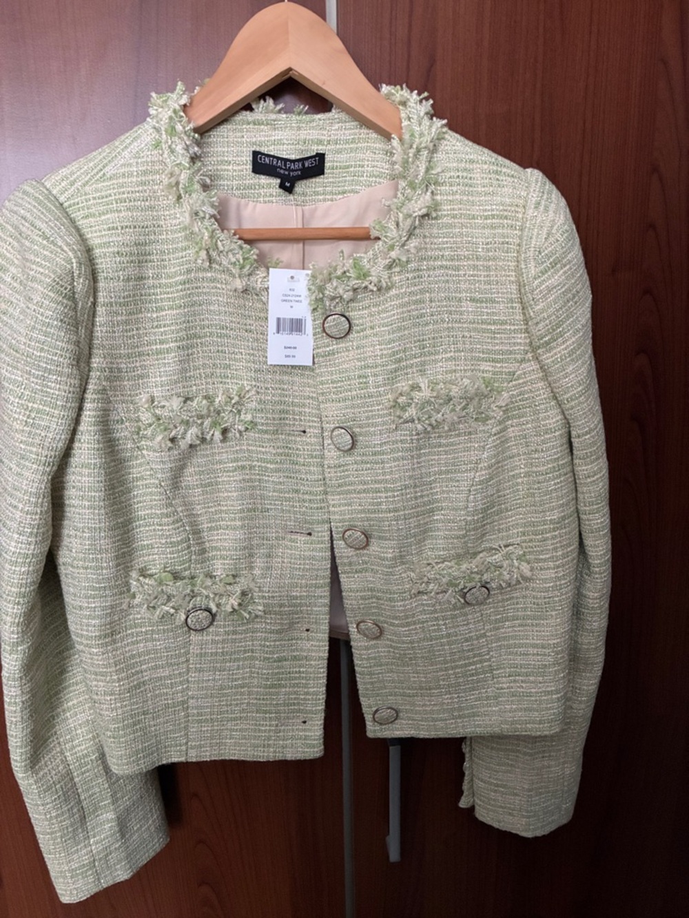 Central Park West Pastel Green Tweed Fringe-Trim Blazer